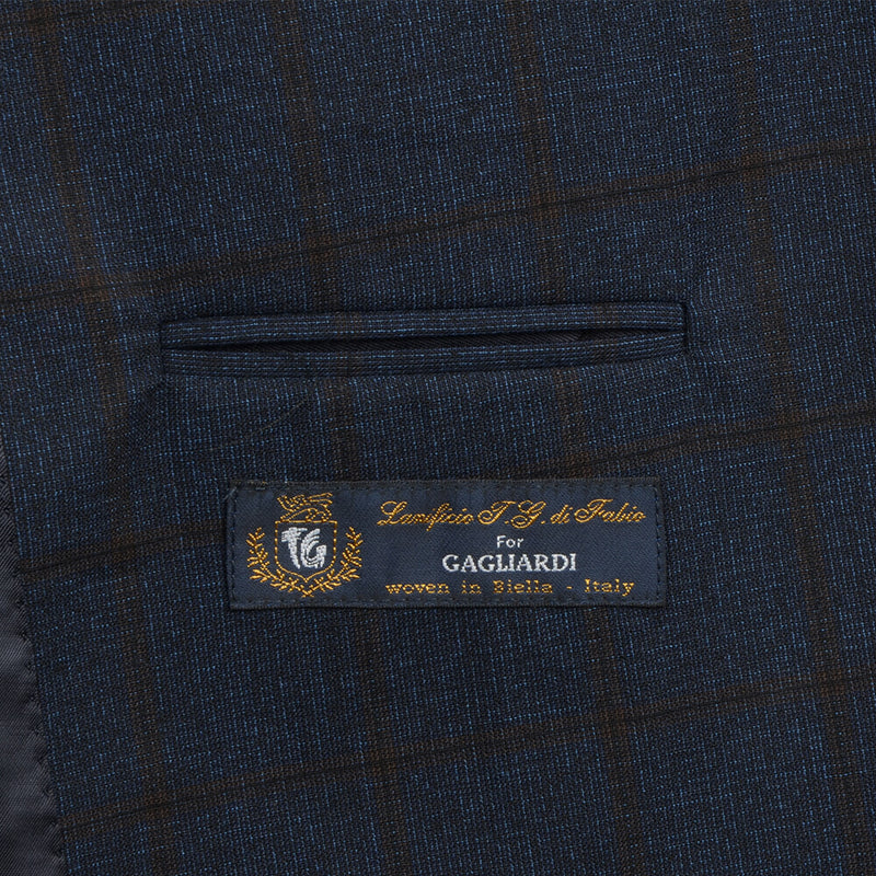 Unutrašnji džepovi teget muškog odela sa braon kockastim check dizajnom - Gagliardi 