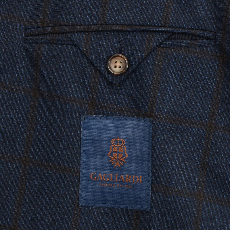 Unutrašnji džep sakoa muškog odela teget boje sa smeđim kockastim check dizajnom - Gagliardi